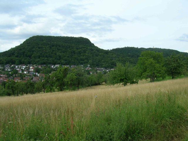 Anstieg zum Filsenberg, Blick auf Öschingen, Schönberger Kapf (links) und Rossberg /rechst, mit Turm).